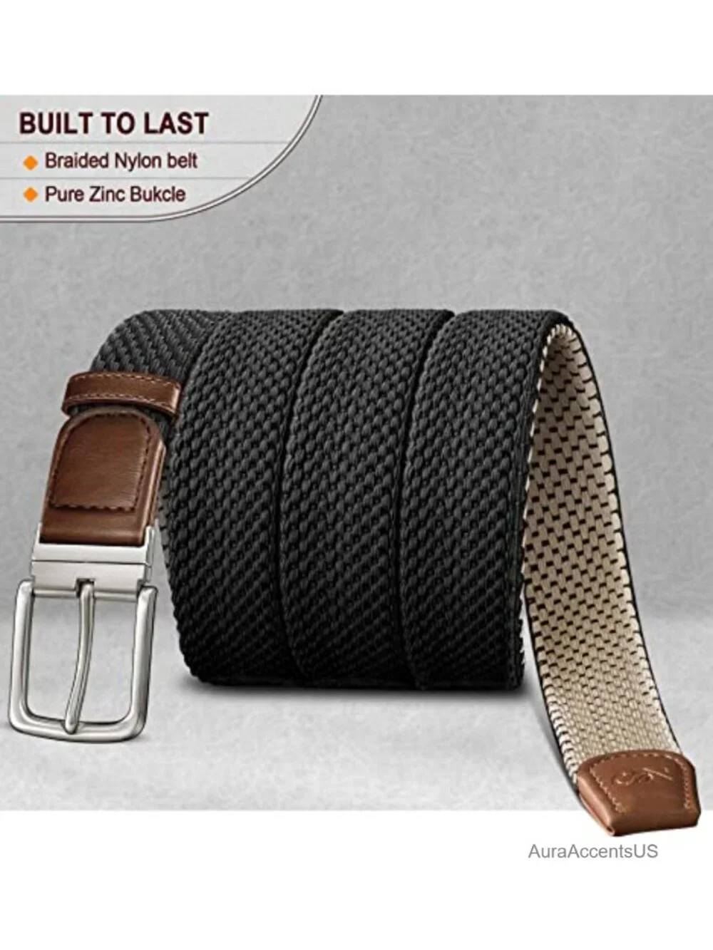 Men's Reversible Stretch Braided Woven Web Belt, 2-in-1, Holeless, Adjustable,